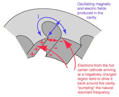 Figure 2: Electrons cause excess negative charge to be pushed back around the cavity, creating microwave oscillations (Nave 2005).